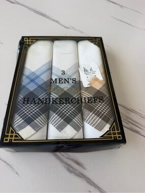 3 Pack Men’s Plaid Corner Handkerchiefs - White with Blue, Gray, Brown Plaids